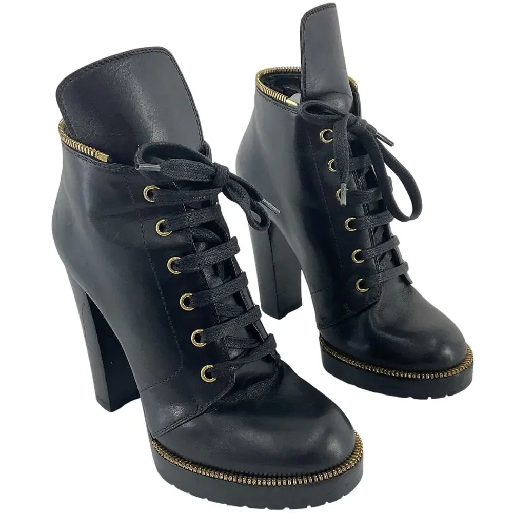 Sergio Rossi Black Leather Lace-Up Ankle Booties with Gold Zipper Trim